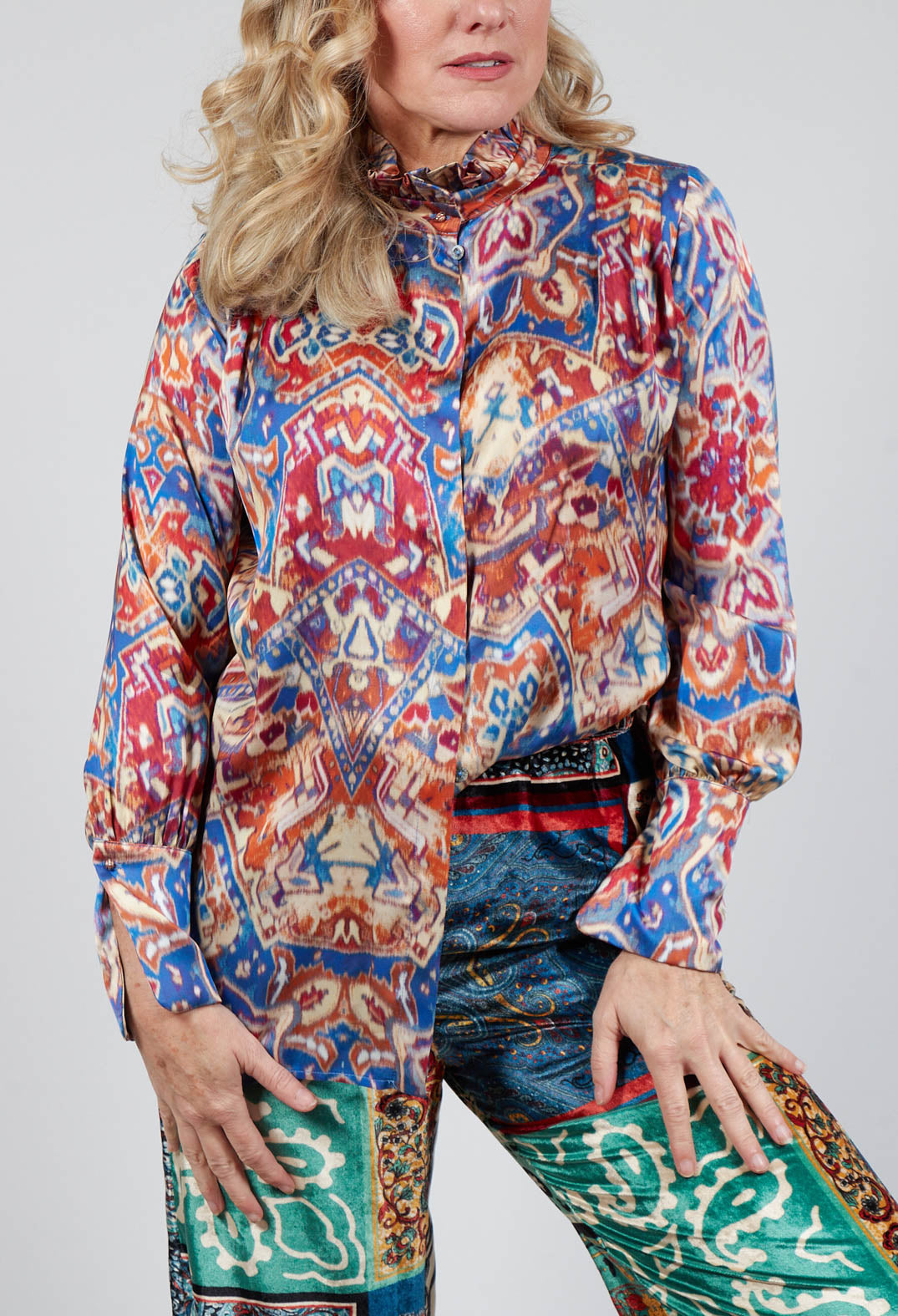 High Neck Blouse with Ruffle in Azarro Print