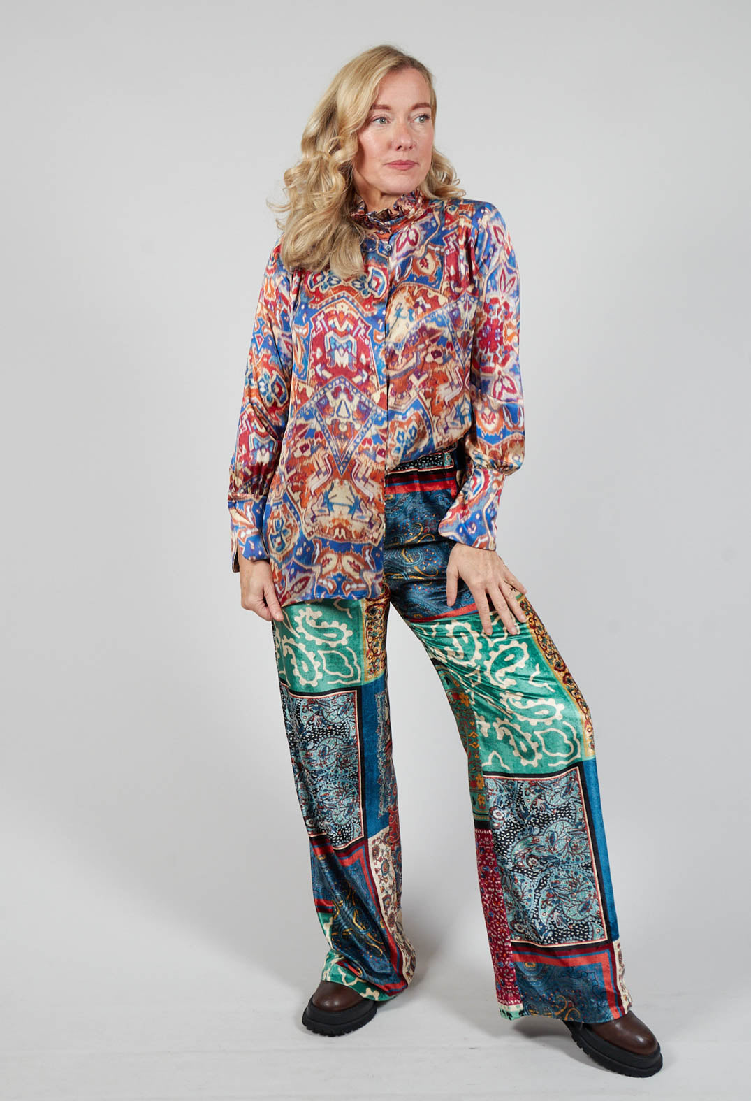 High Neck Blouse with Ruffle in Azarro Print