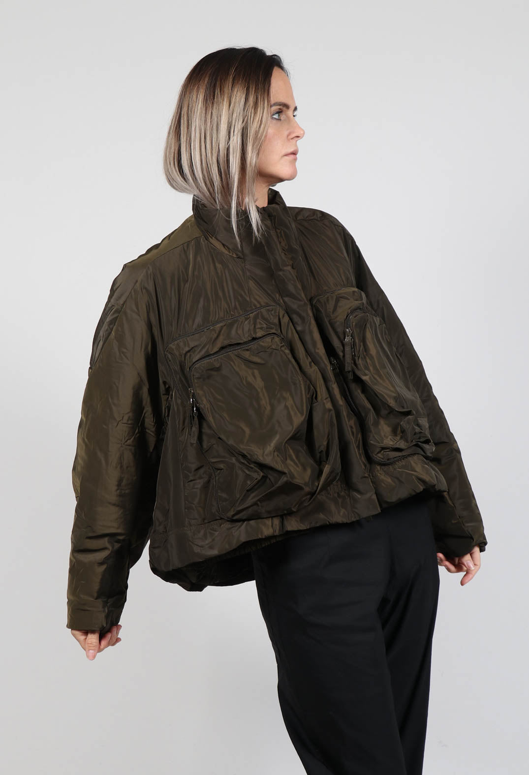 High Neck Bomber Jacket in Khaki