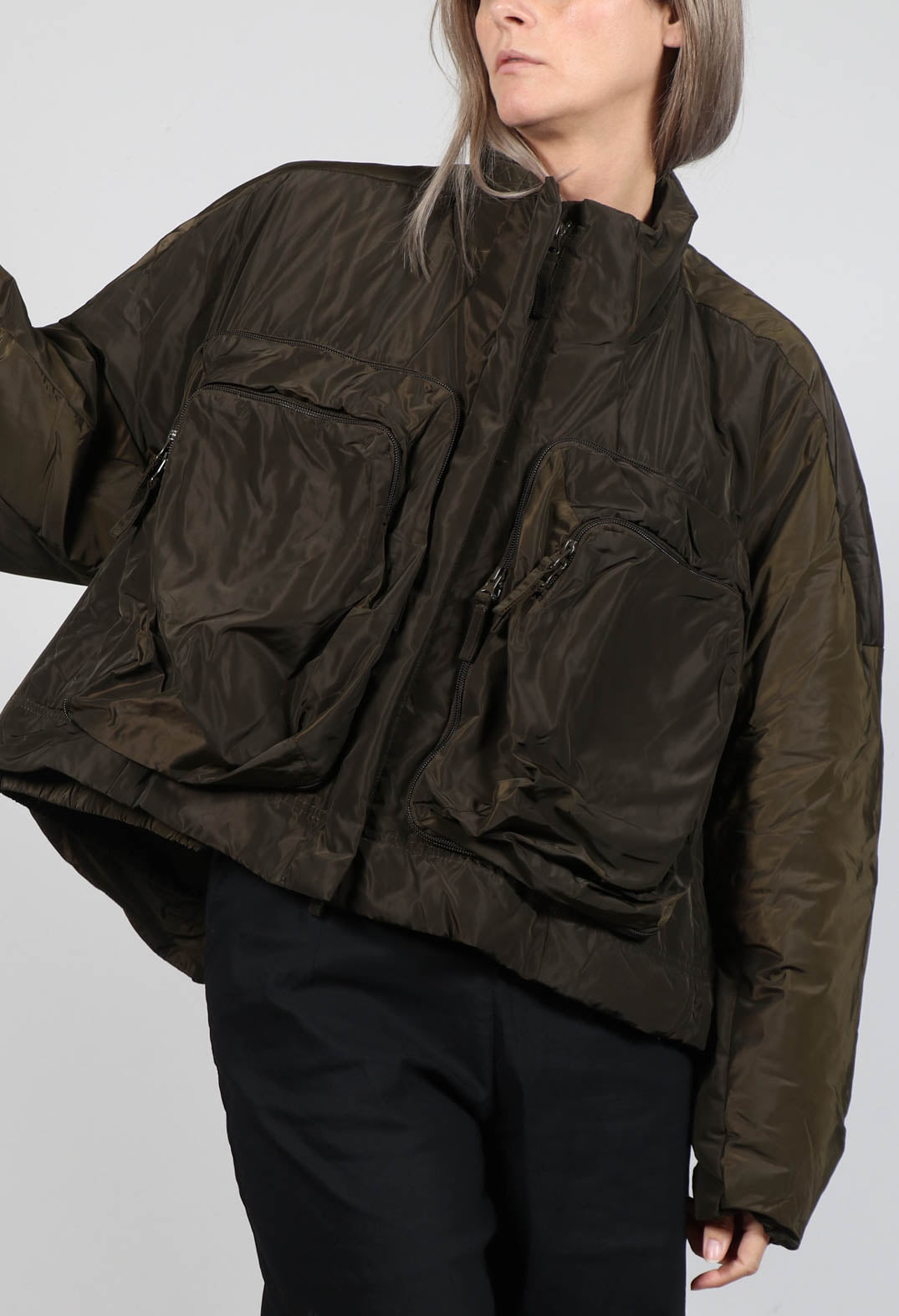 High Neck Bomber Jacket in Khaki