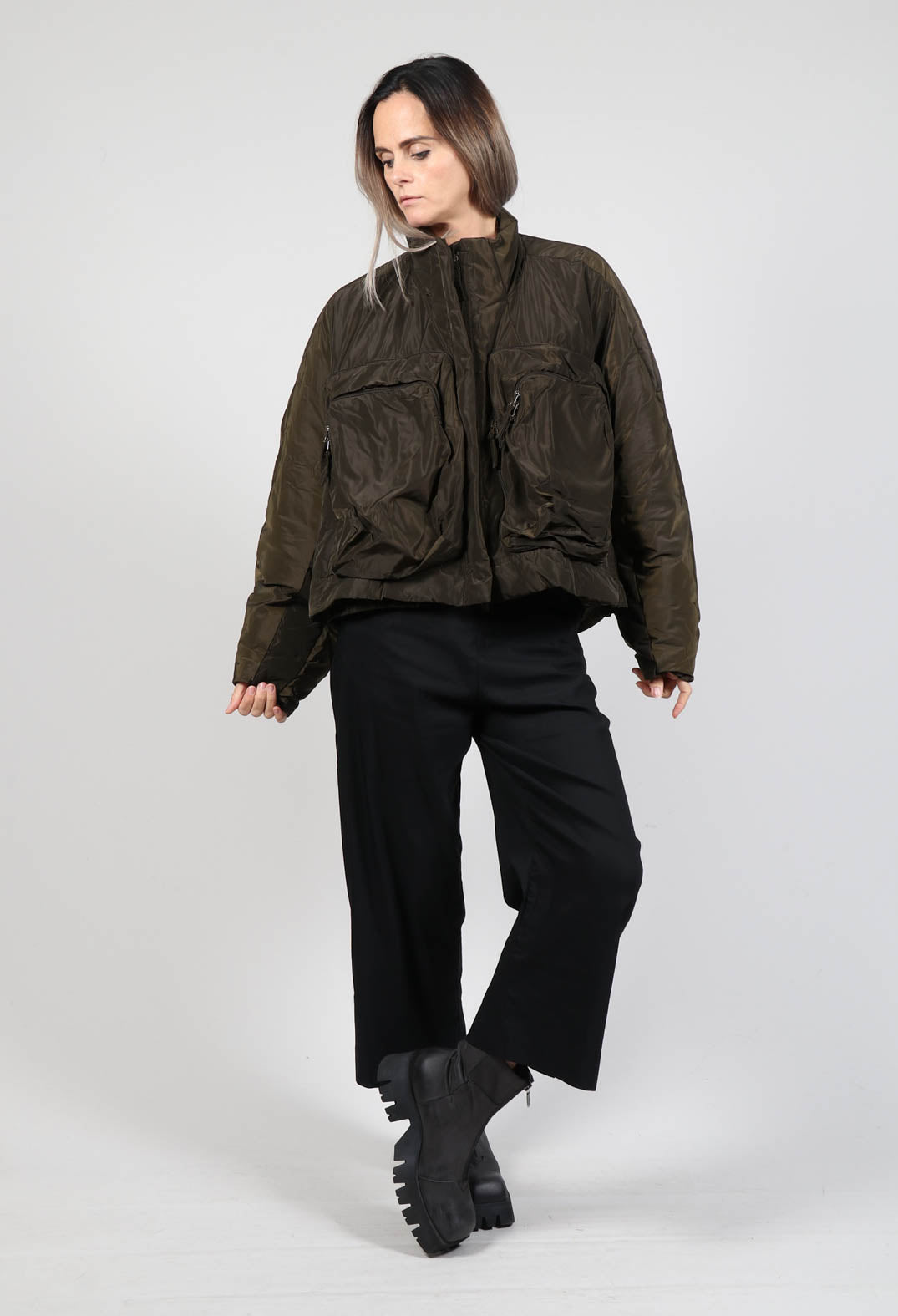 High Neck Bomber Jacket in Khaki