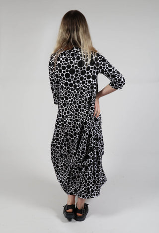 High-Neck Jersey Dress in White with Black Pois