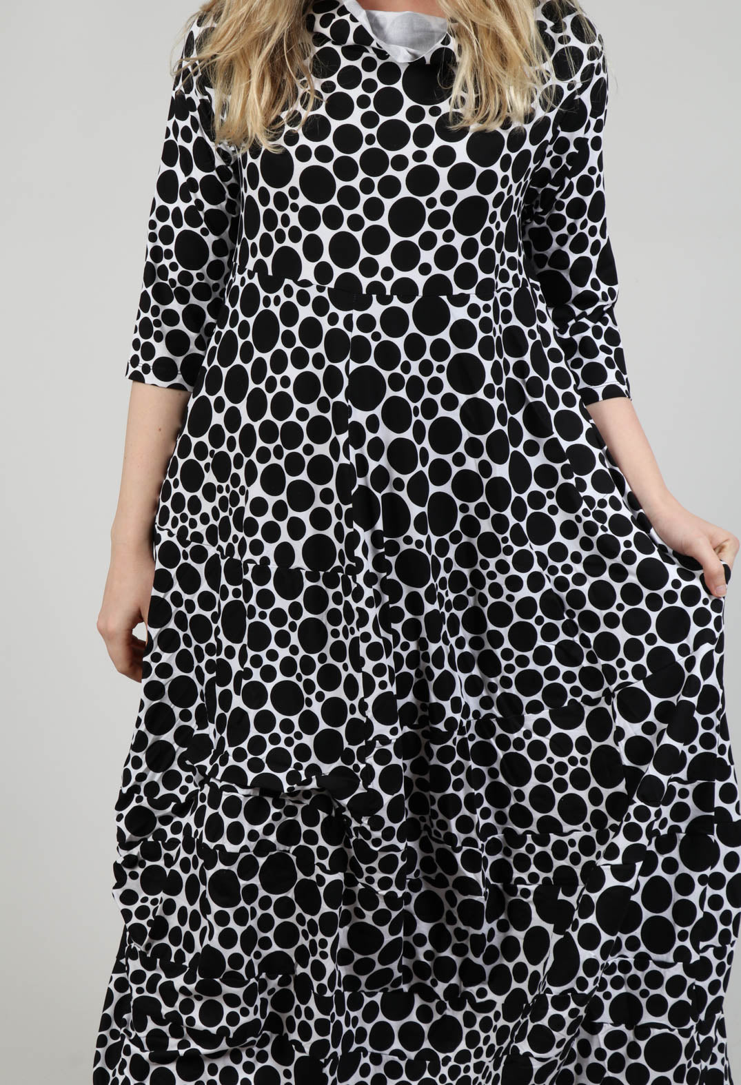 High-Neck Jersey Dress in White with Black Pois