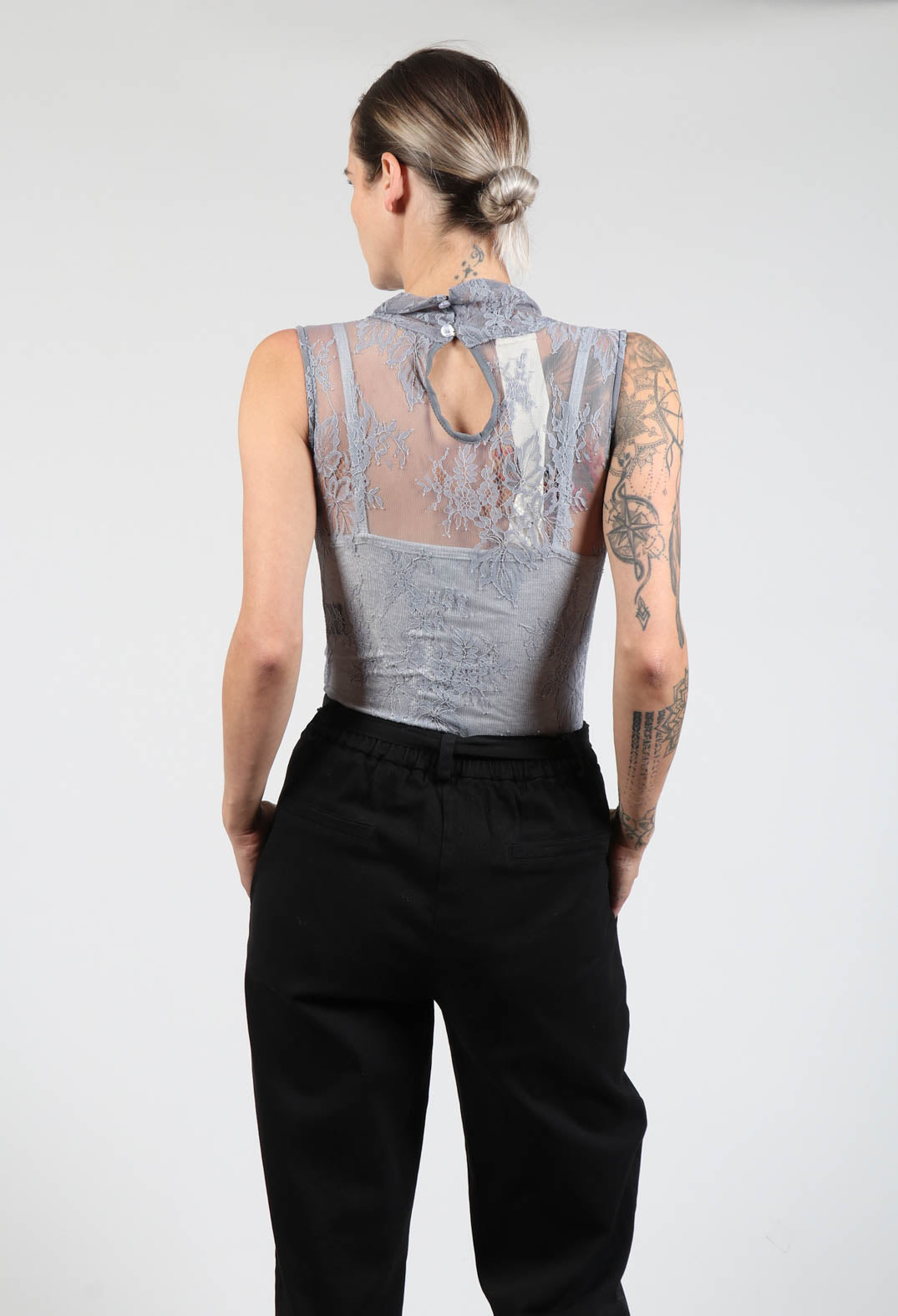 High Neck Lace Bodysuit in Smanicato Grigio