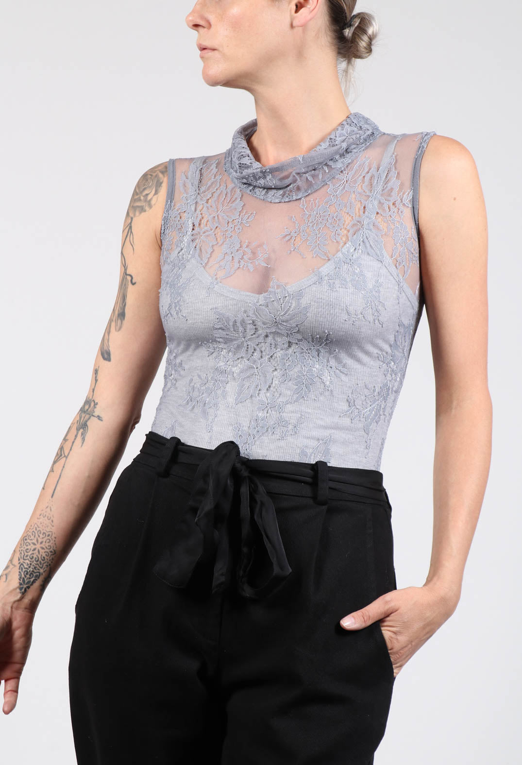 High Neck Lace Bodysuit in Smanicato Grigio