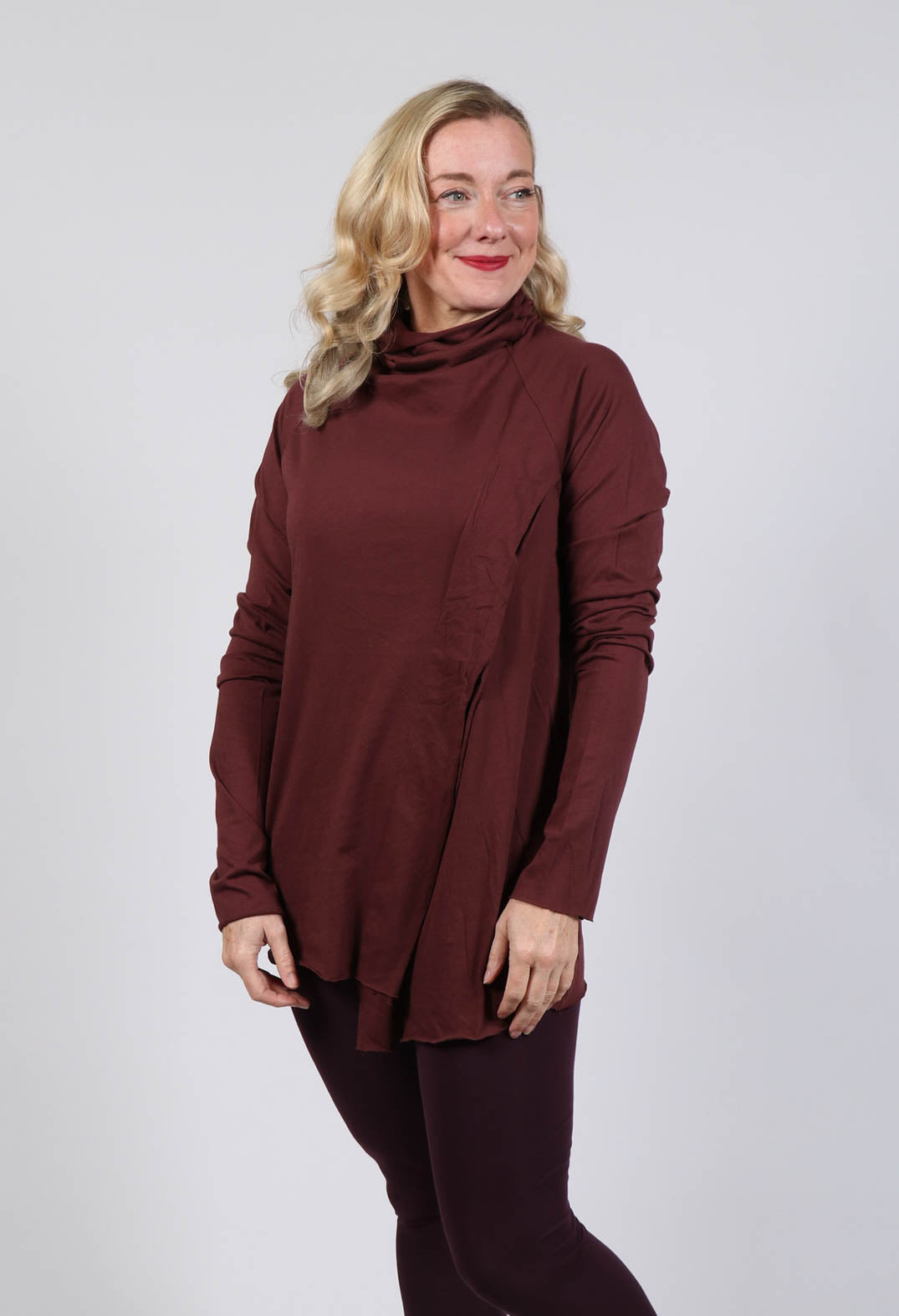 High Neck Top with Asymmetric Hem in Wood