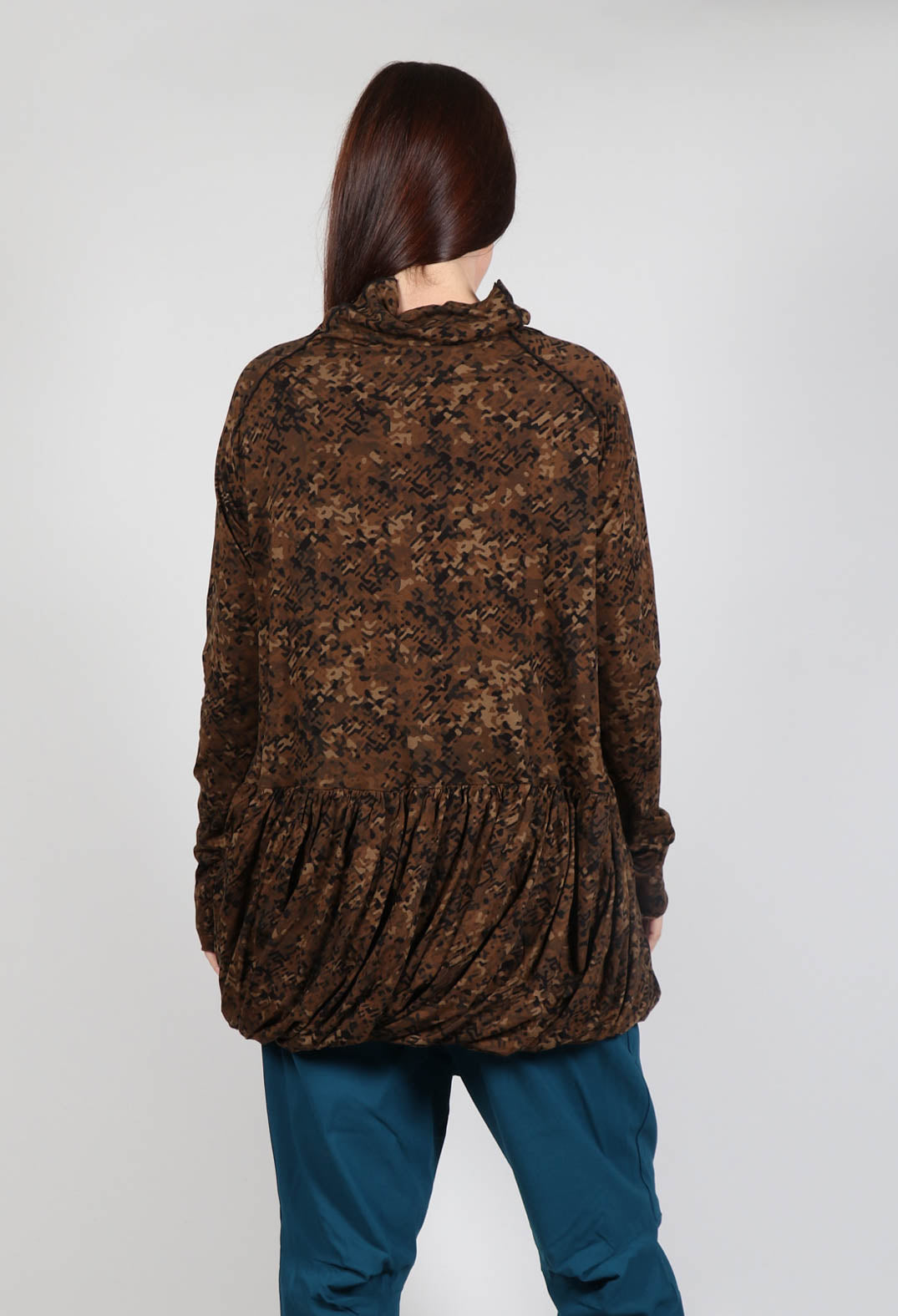 High Neck Top with Bubble Hem in Bronze Faux Print
