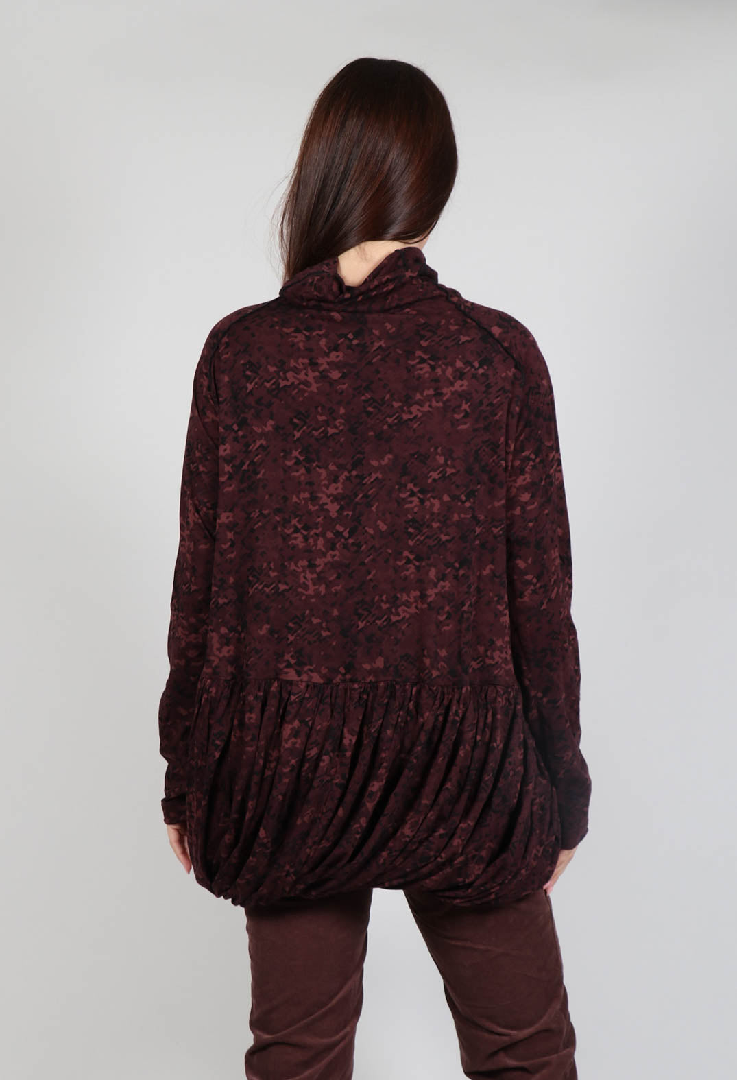 High Neck Top with Bubble Hem in Wood Faux Print