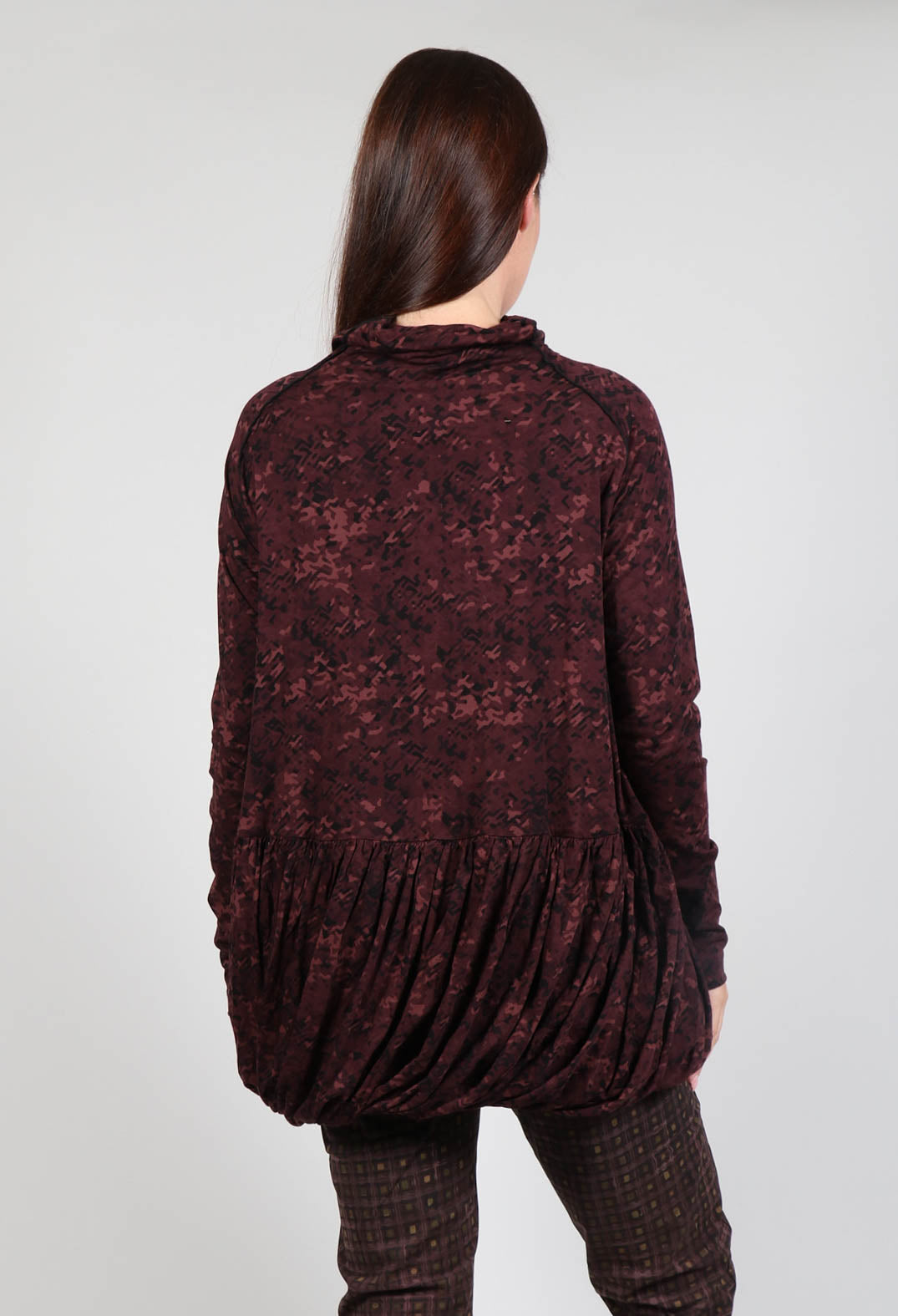 High Neck Top with Bubble Hem in Wood Flock Print