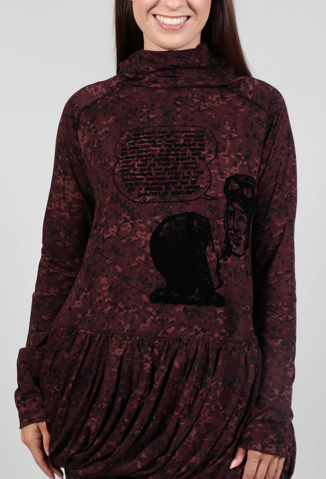High Neck Top with Bubble Hem in Wood Flock Print