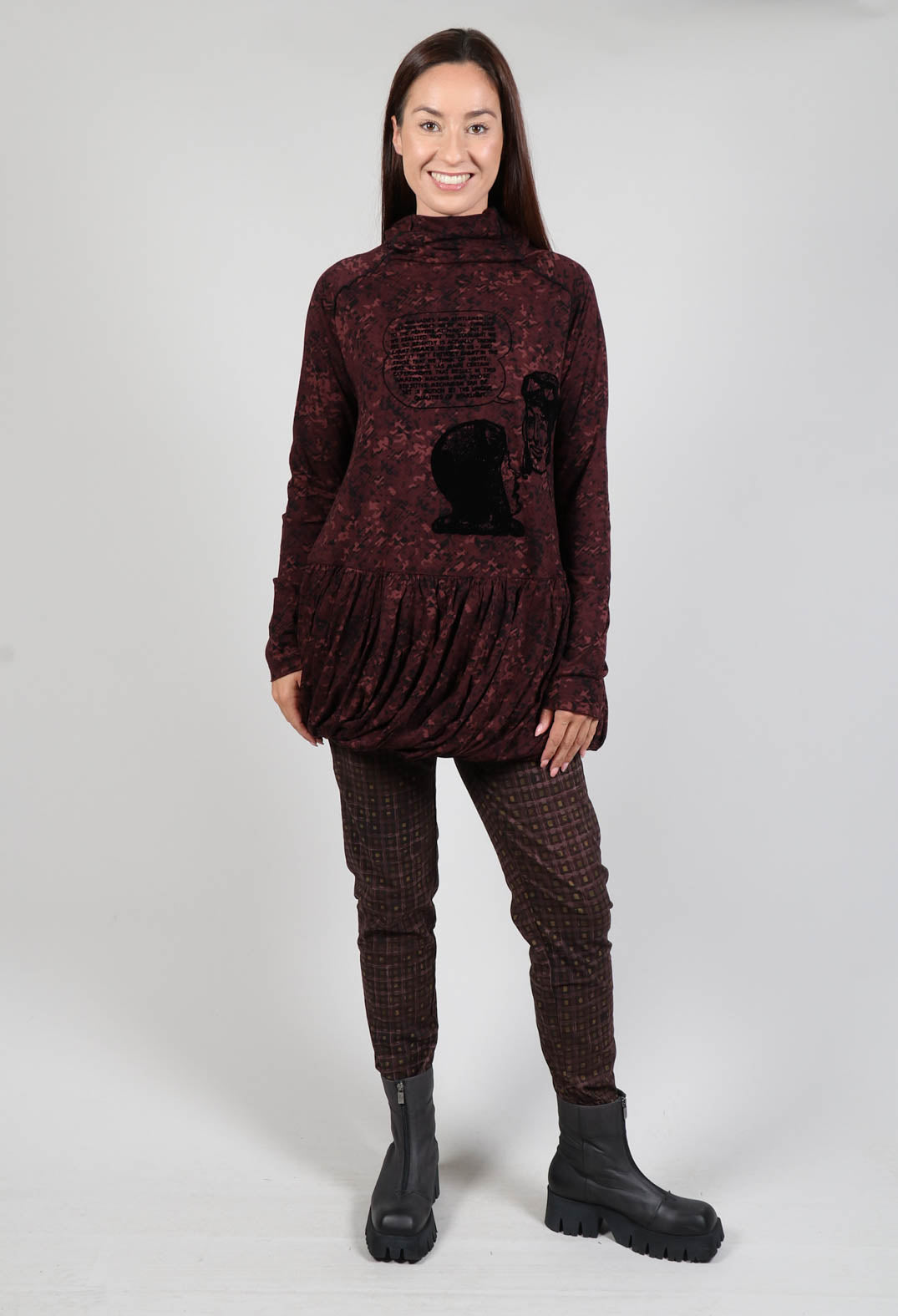 High Neck Top with Bubble Hem in Wood Flock Print