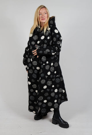 Hooded Oversized Fit Coat in Black with White Pois