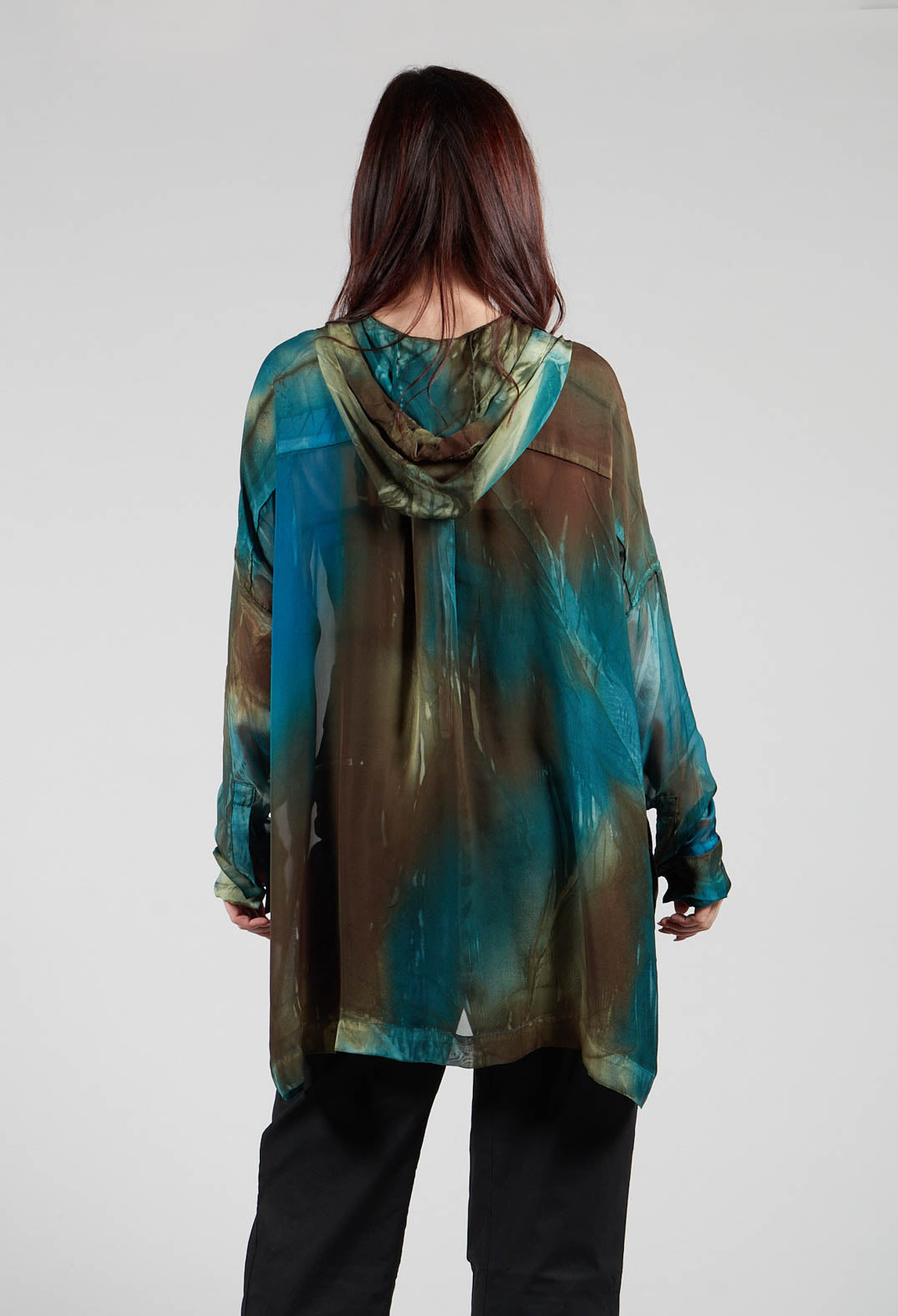 Hooded Silk Shirt in Petrol Print