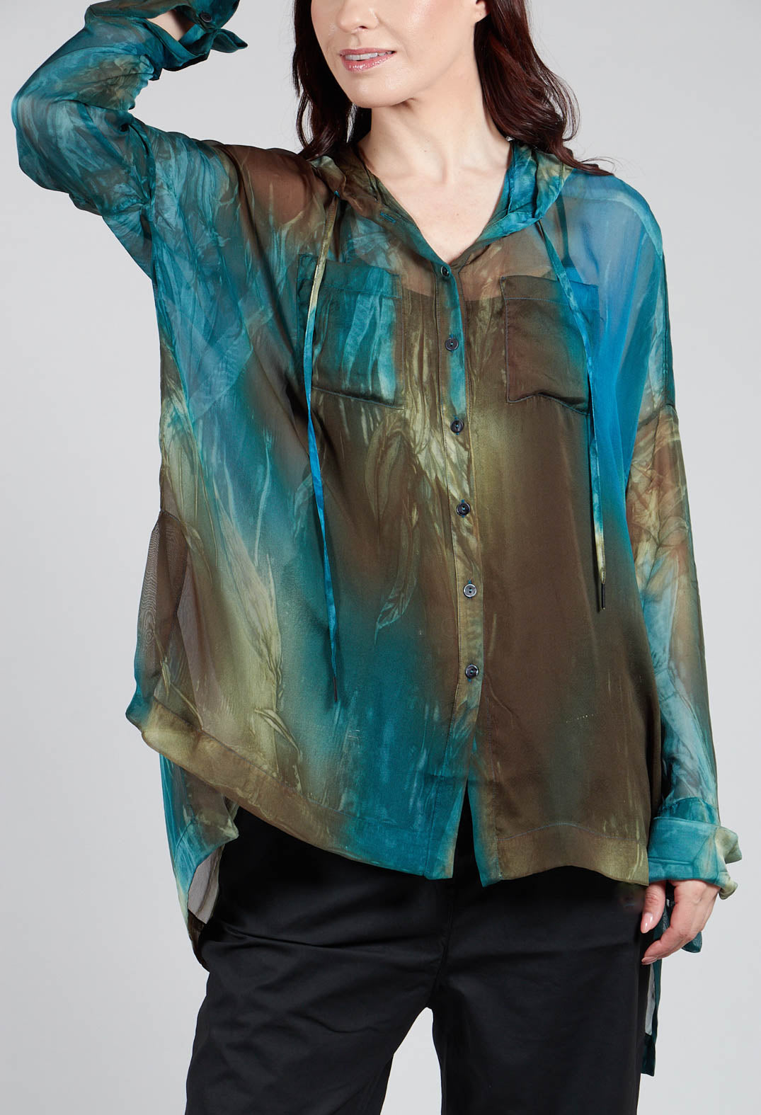 Hooded Silk Shirt in Petrol Print