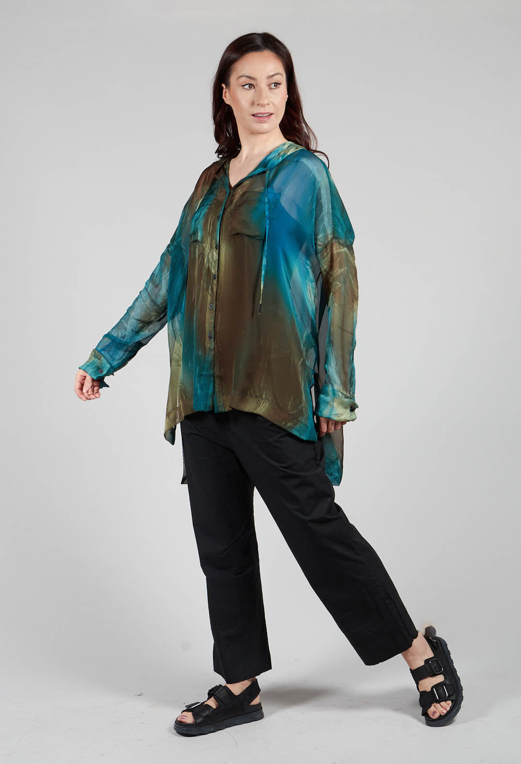 Hooded Silk Shirt in Petrol Print