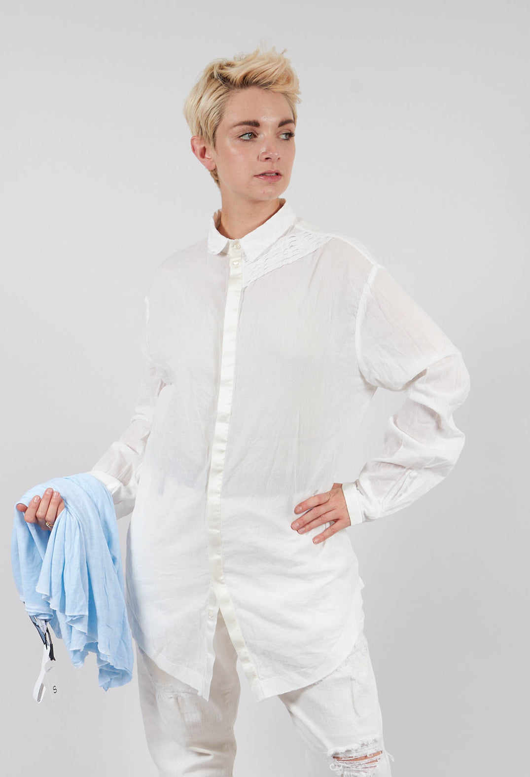 Long Shirt with Ruffle Shoulder Detail in White