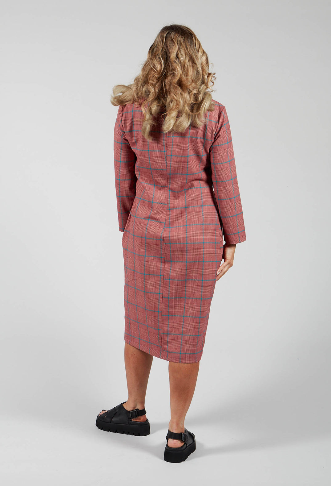 Checked Shift Style Trapeze Dress with Pockets in Ruby Red