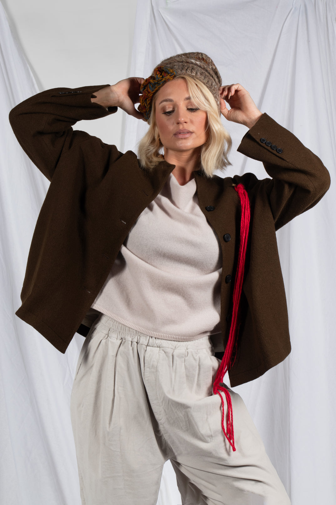 High Neck Jacket with Contrast Lining in Khaki