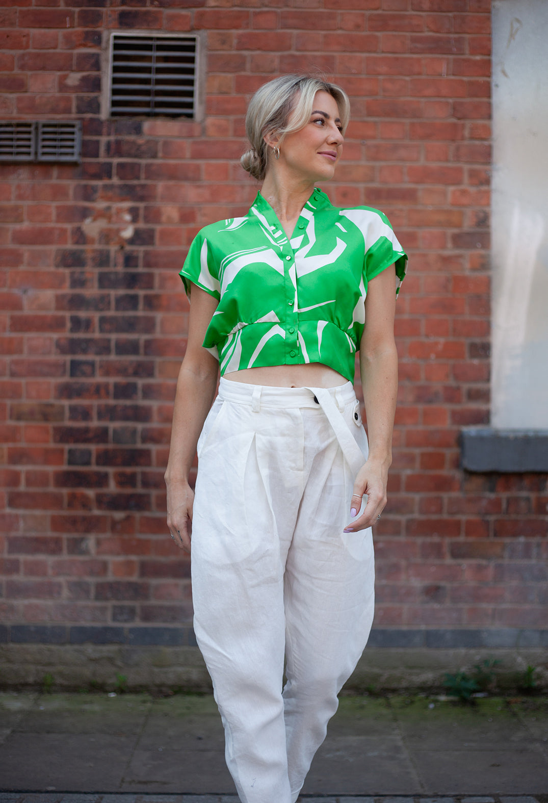 Beatrice B silk blouse in green with capped sleeves