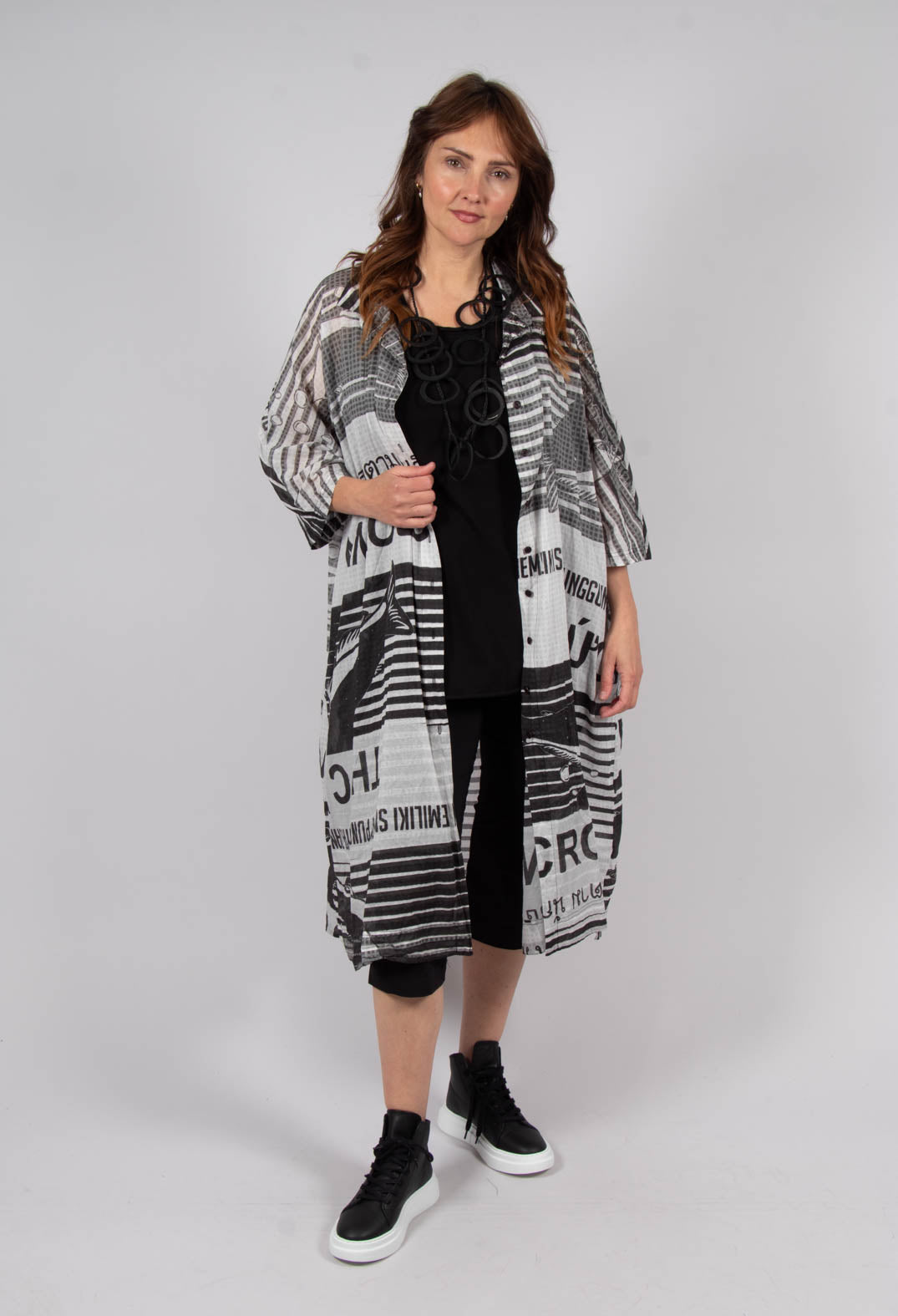 Oversized Lightweight Shirt Dress in Black Print