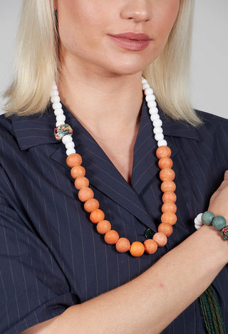 Beaded Necklace with Paper Mache Ball in Orange/White