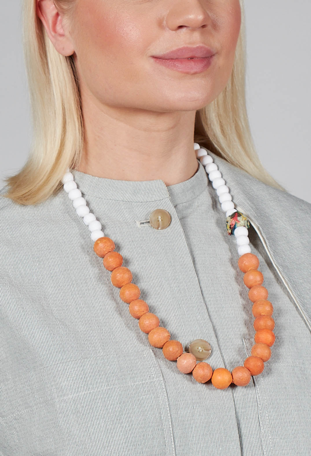 Beaded Necklace with Paper Mache Ball in Orange/White