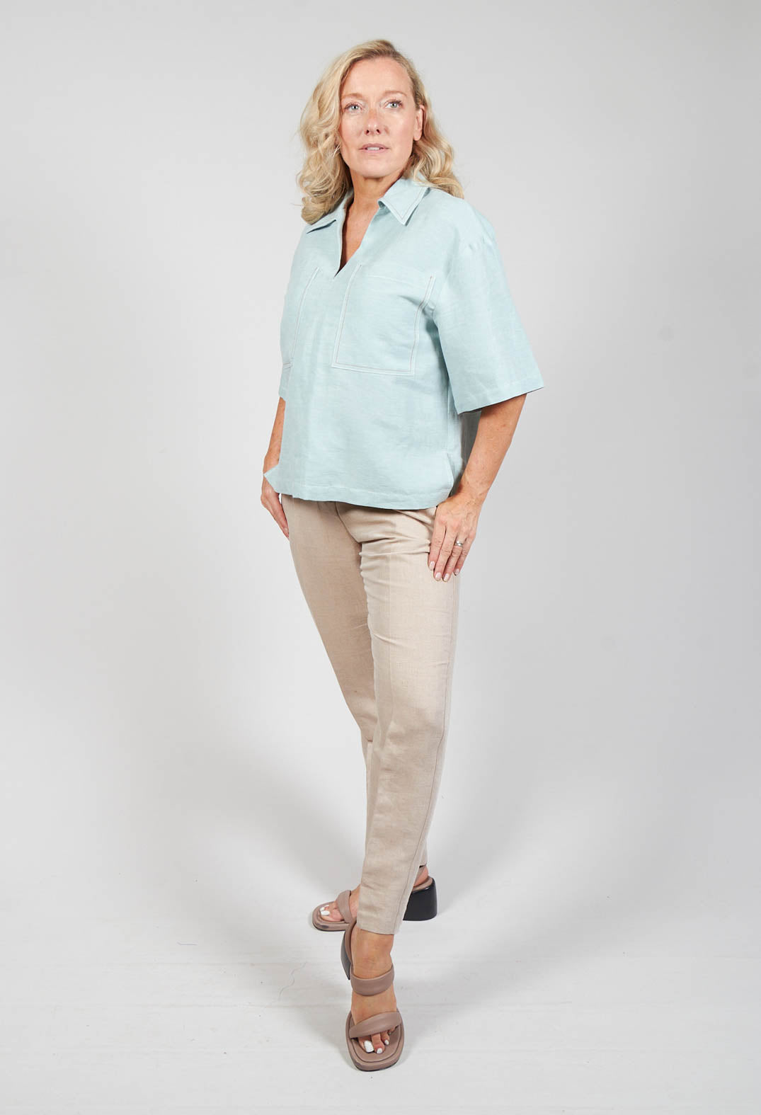 sky linen blouse with mid length sleeves