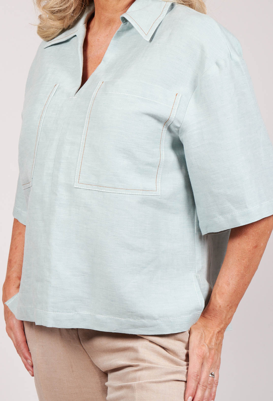 sky linen blouse with large pockets