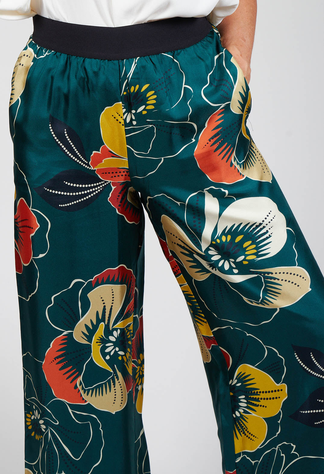 wide leg silk trousers in multicolour floral print