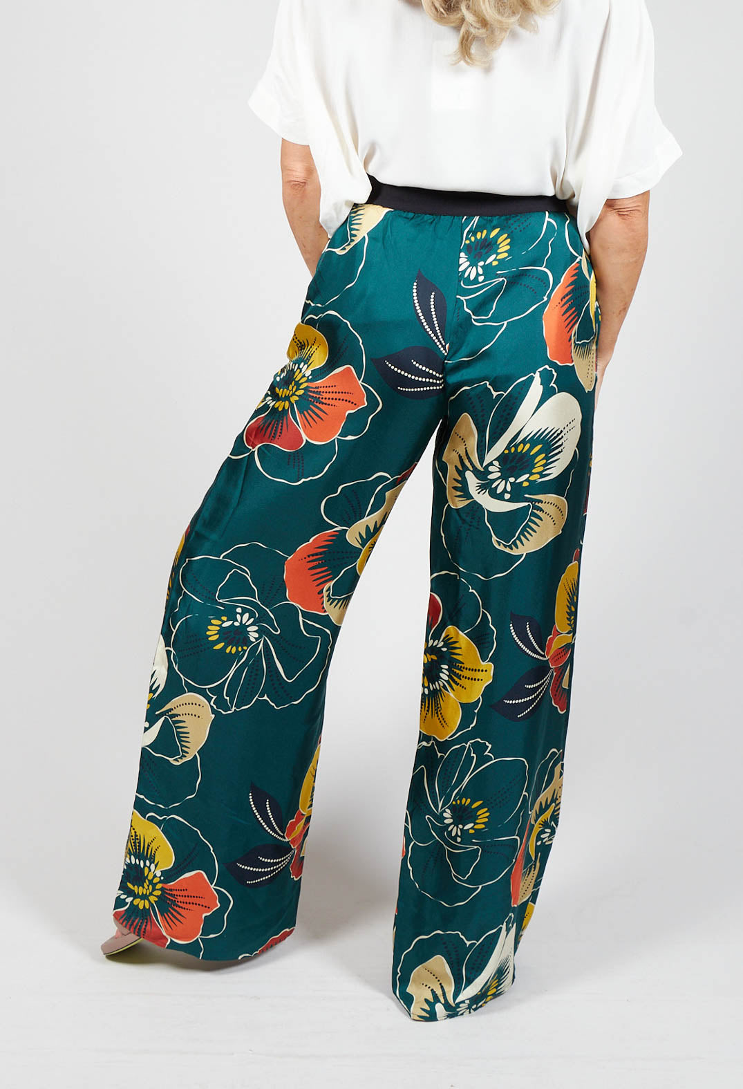 floral print wide leg silk trousers