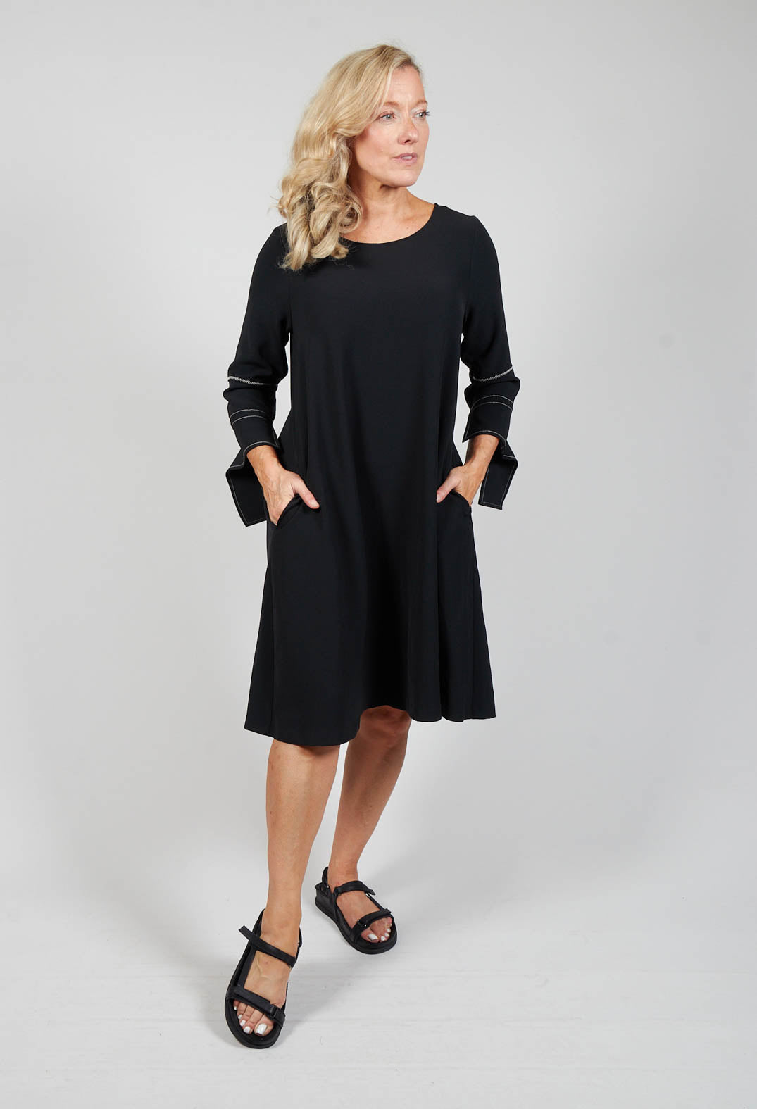 midi shift dress with sleeve detailing in black