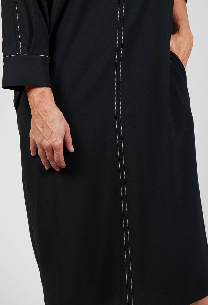 black shift dress with front pockets