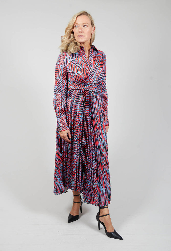 printed maxi dress in red and blue with tie waist belt