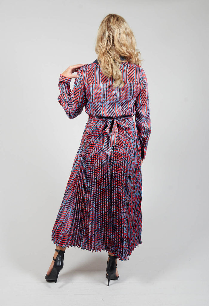 long sleeve maxi dress in red and blue print