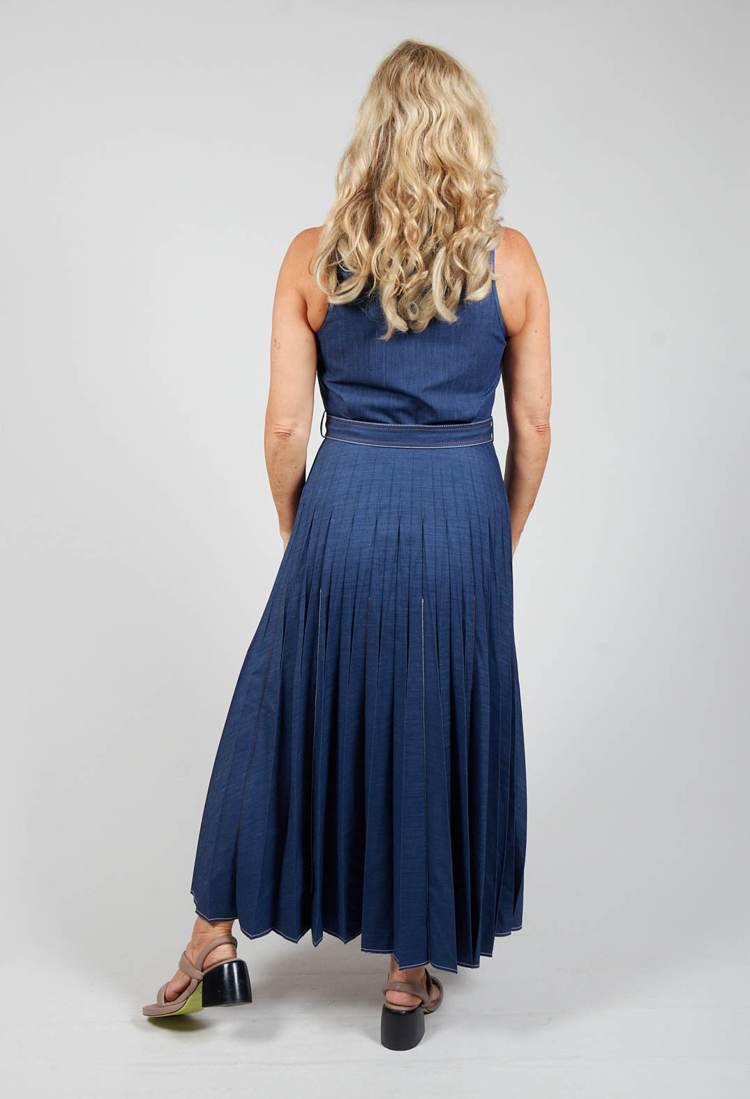 back detailing of denim-look pleated dress in blue with waistband