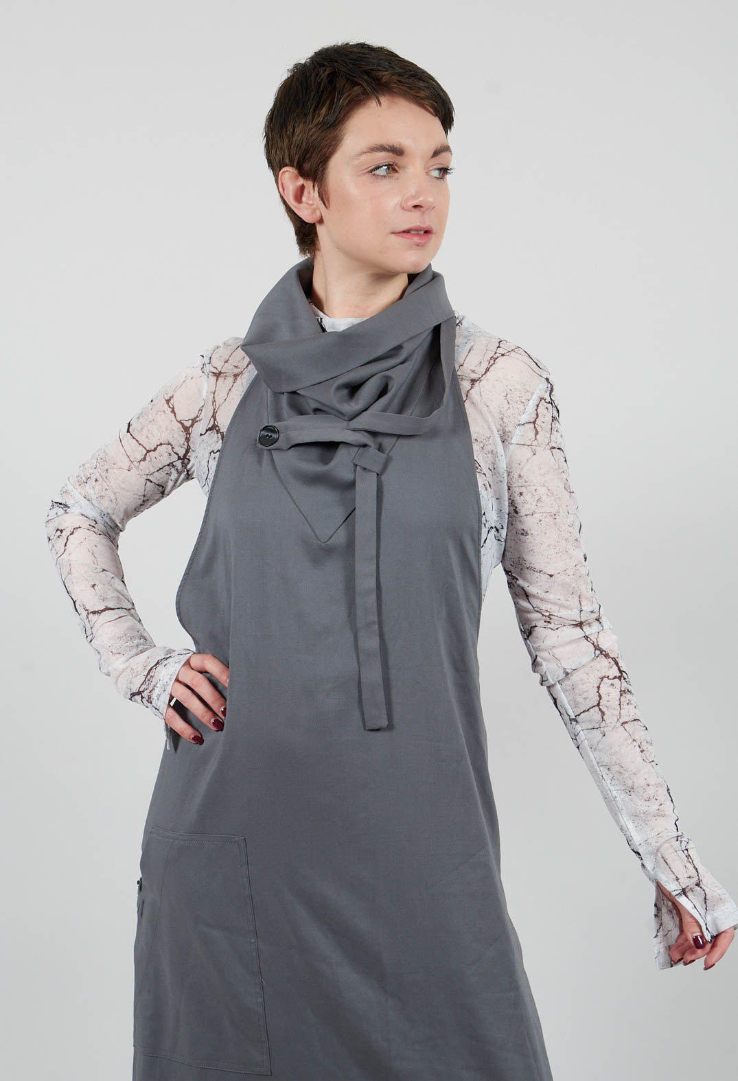 Long Backless Woven Dress with Collar in Stone