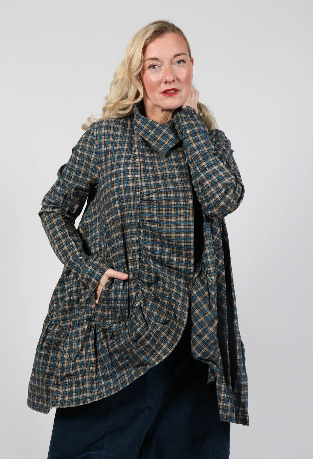 Jacket with High Low Peplum Hem in Ink Check