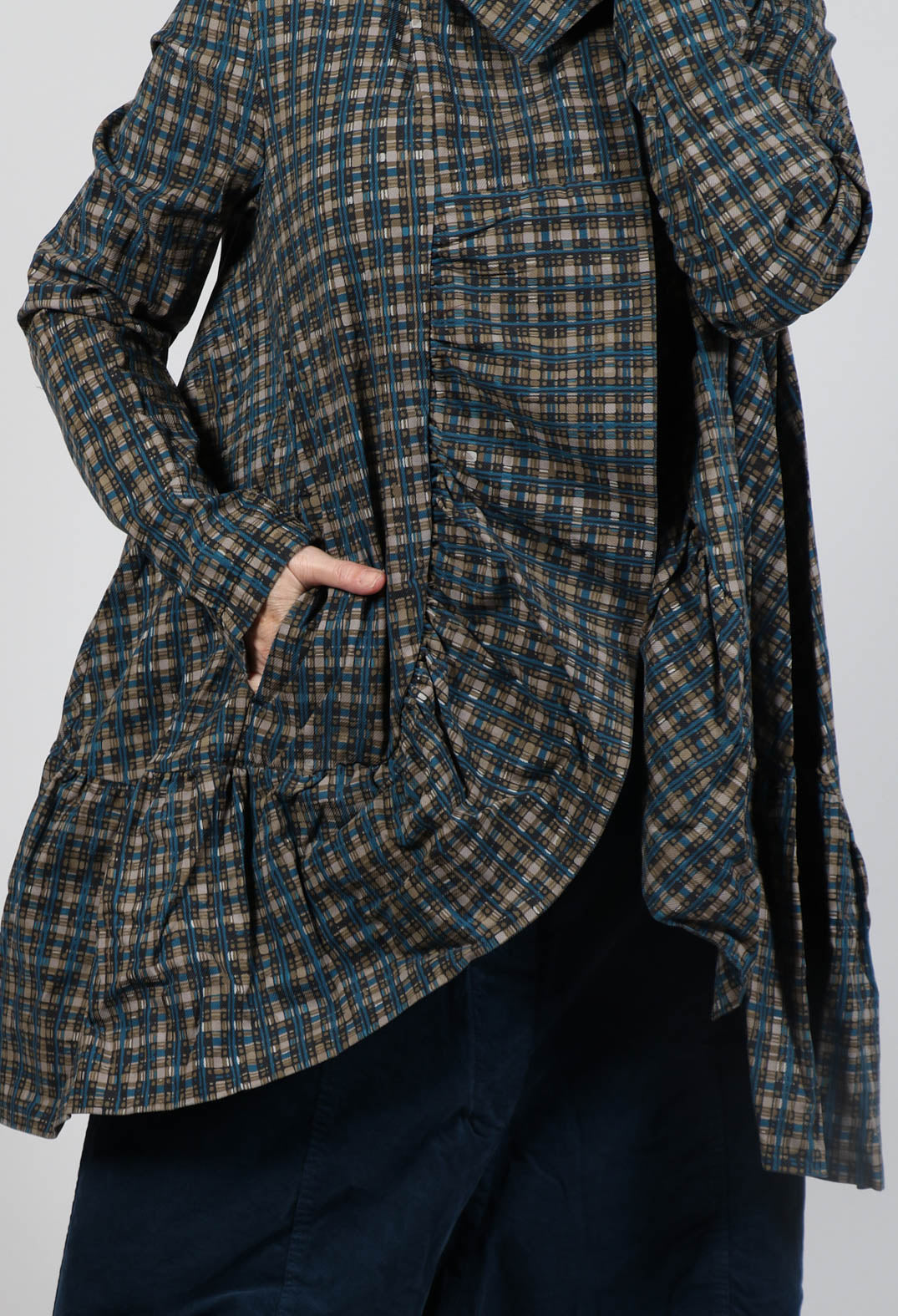 Jacket with High Low Peplum Hem in Ink Check