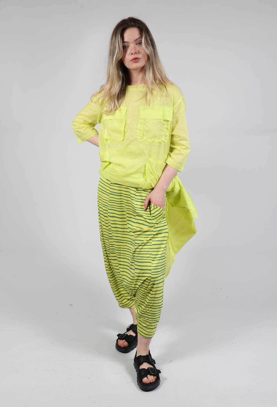 Jersey Drop-Crotch Trousers in Lime with Green Lines