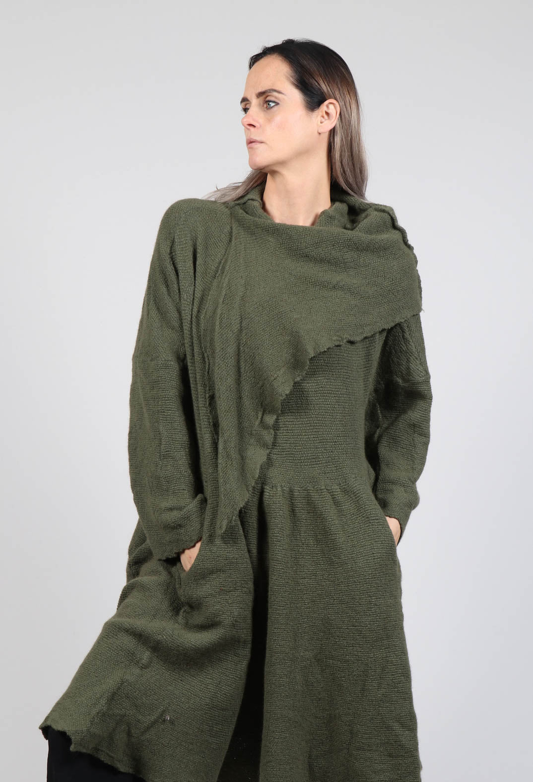 Jumper Dress with Ascot Neck Detail in Olive