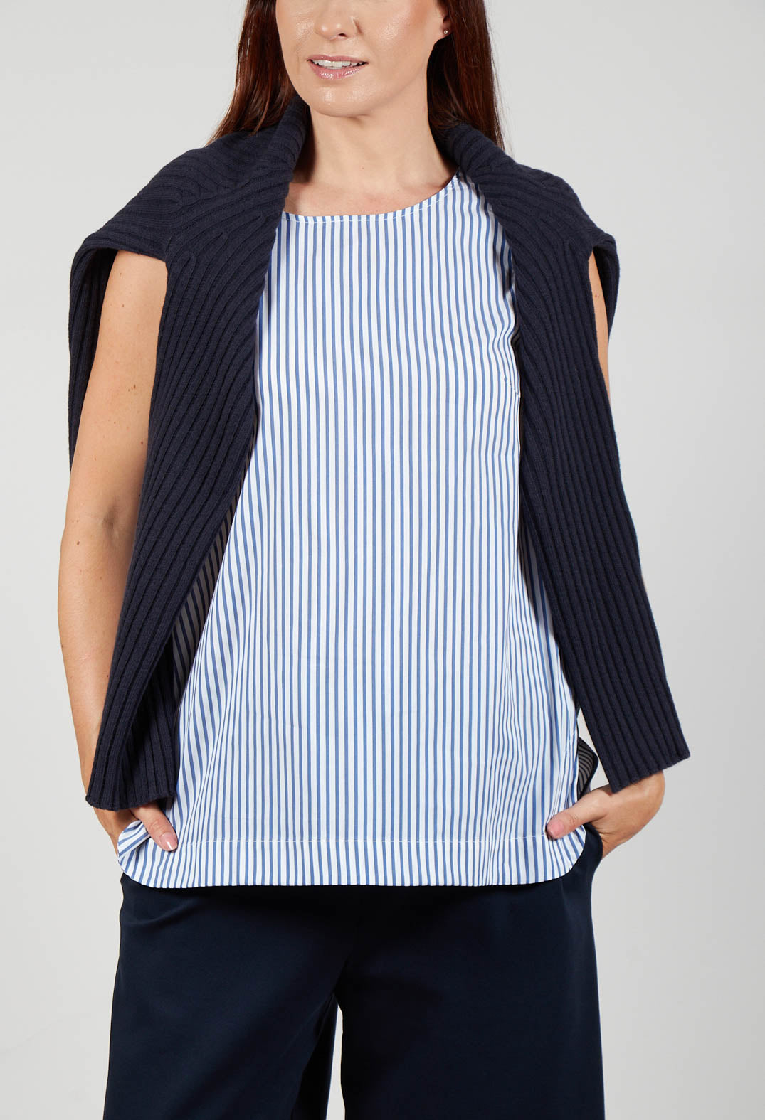 Jumper with Striped Underlay in Dark Navy and Off White