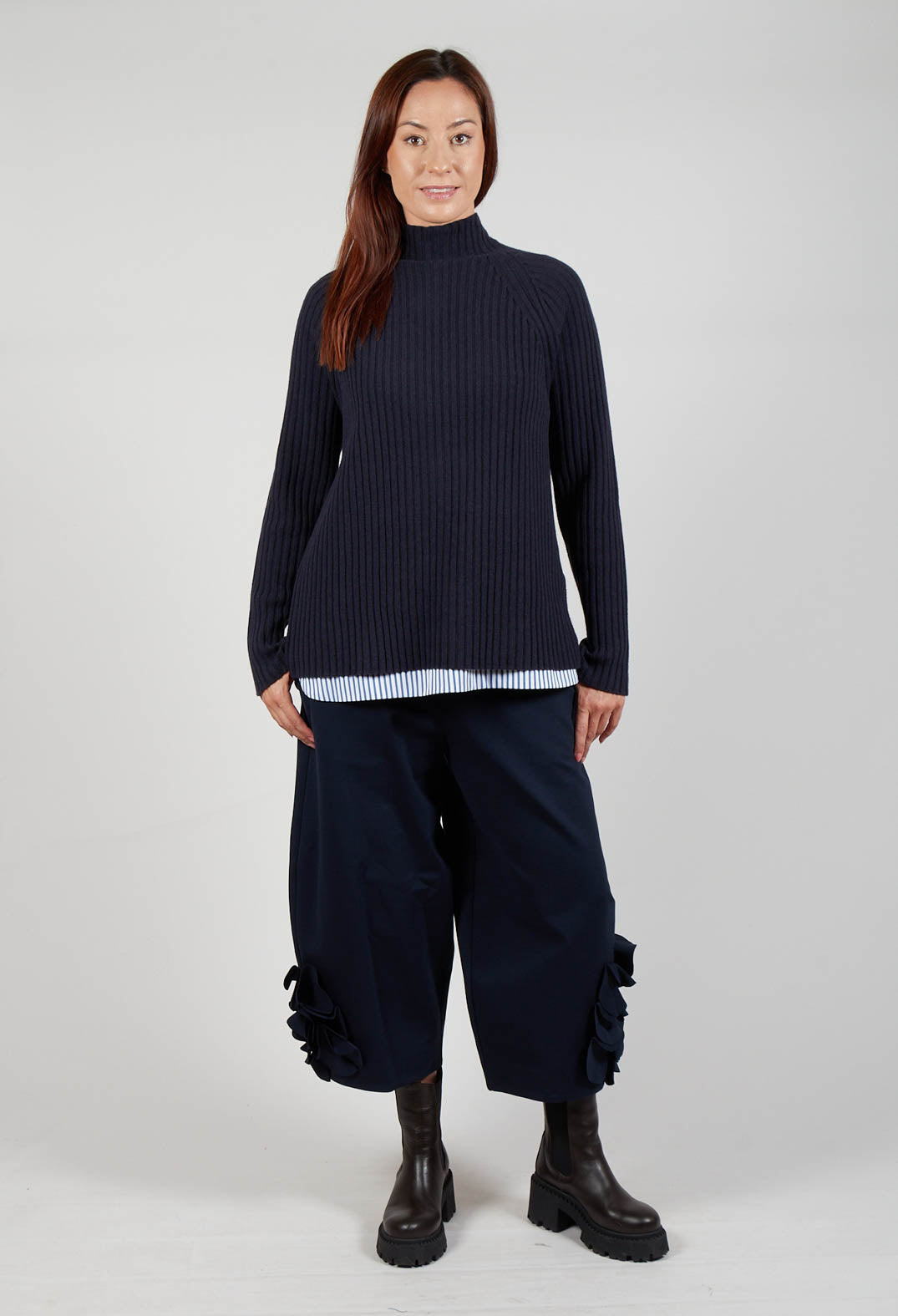 Jumper with Striped Underlay in Dark Navy and Off White