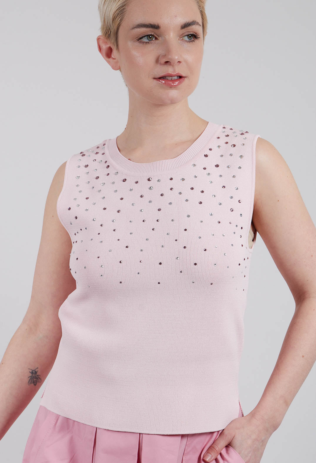 Knit Top with Crystals in Flamingo