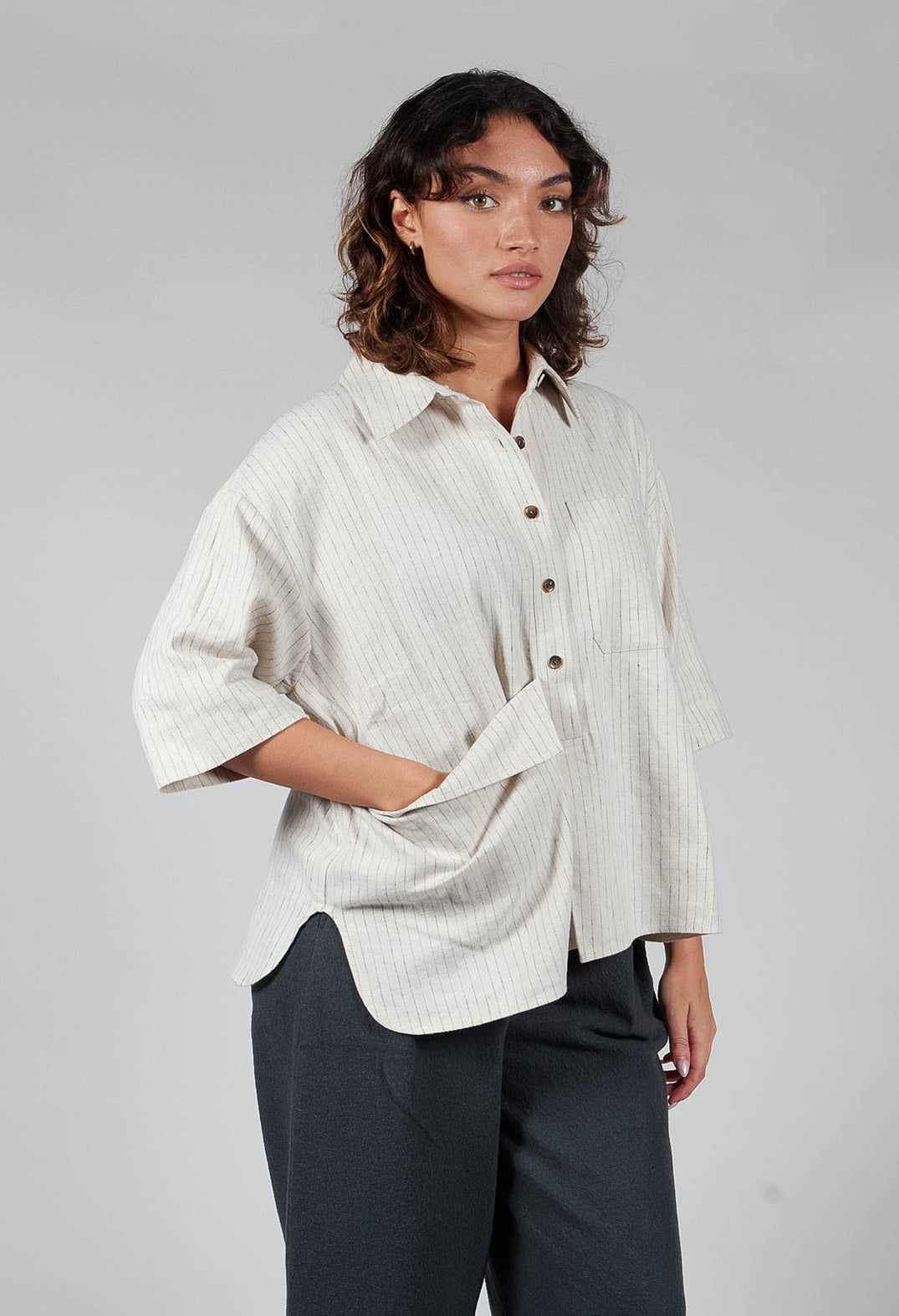 3/4 Sleeved Shirt with Statement Pocket in Ivory Stripe