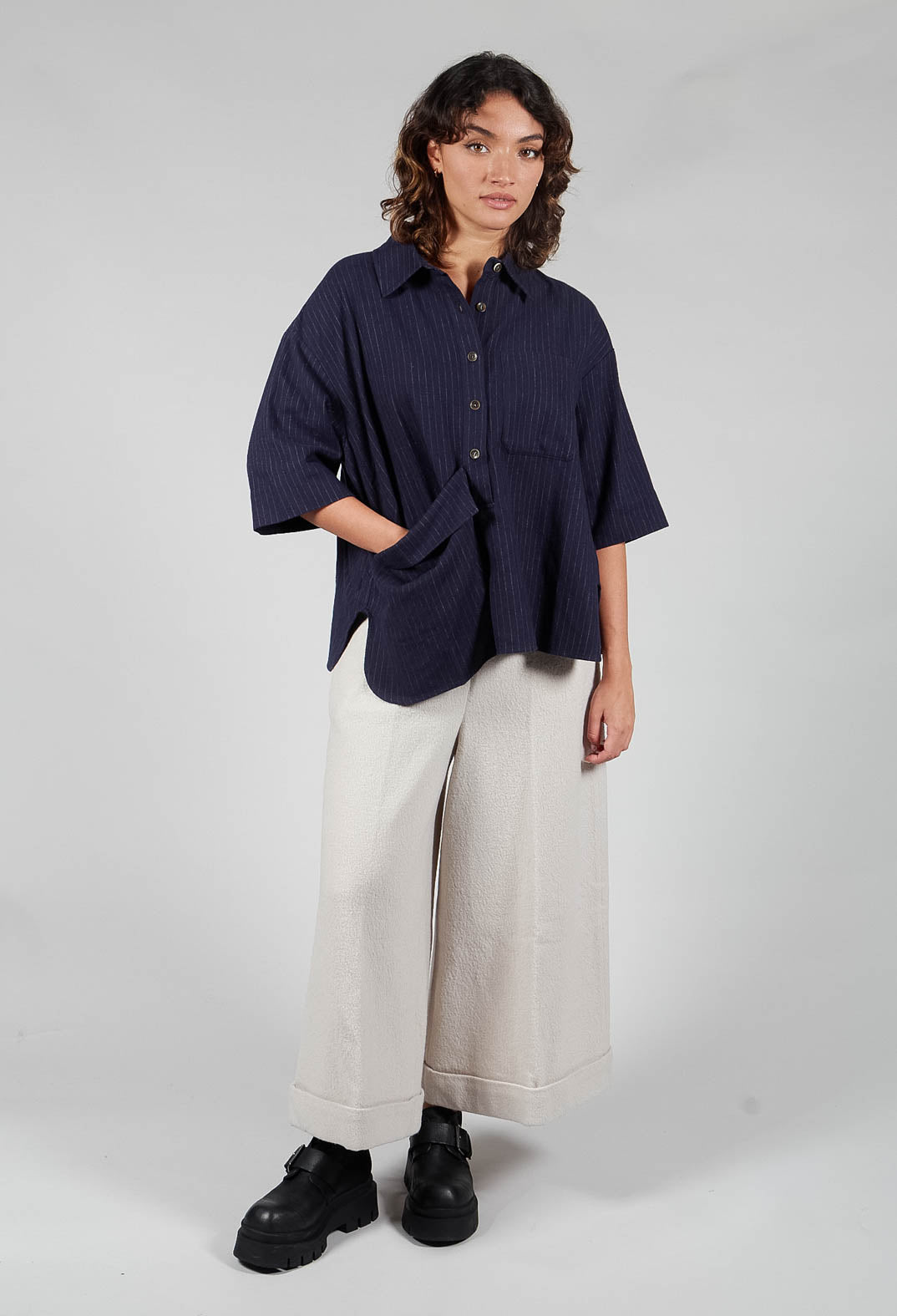 3/4 Sleeved Shirt with Statement Pocket in Navy Stripe