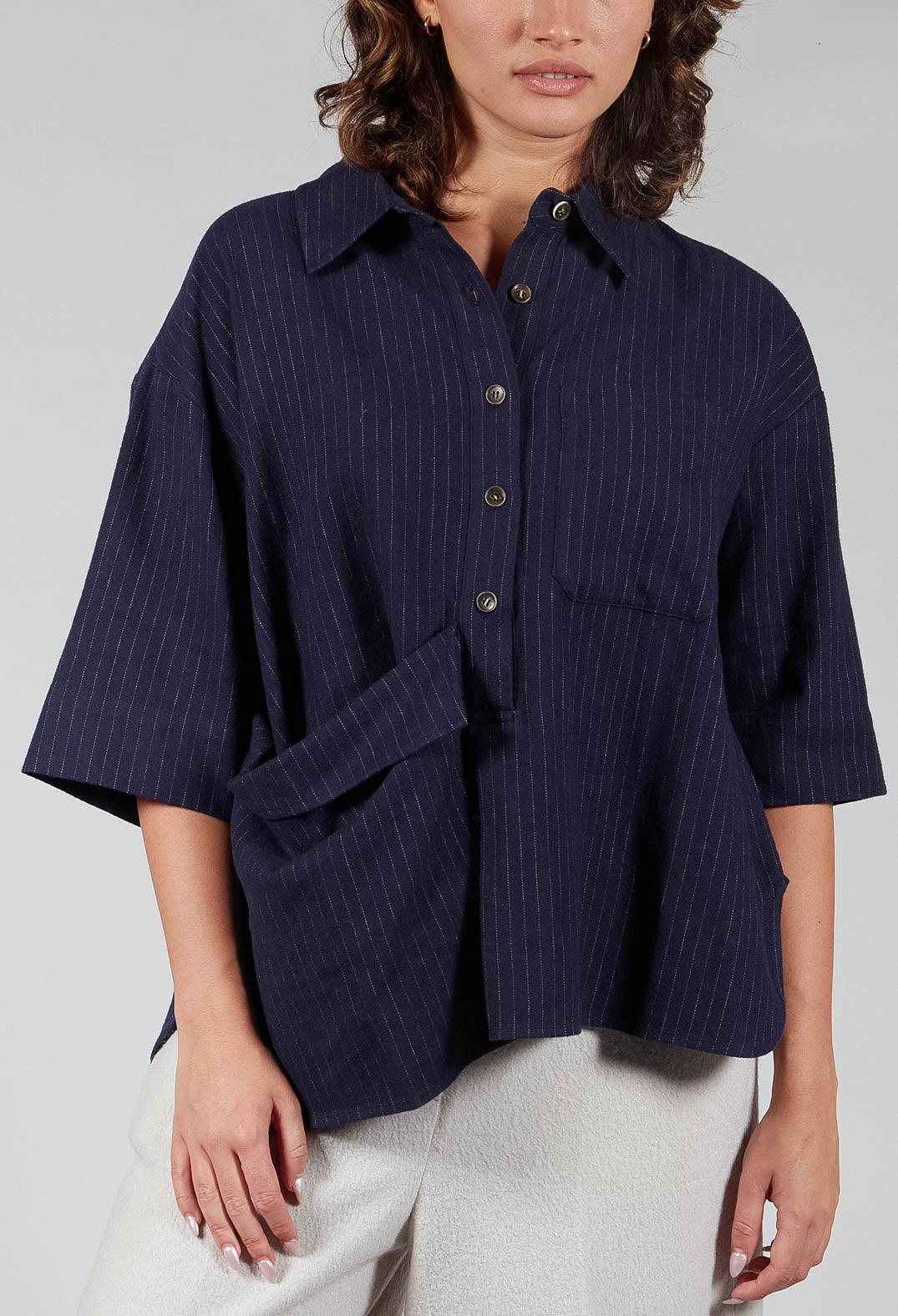 3/4 Sleeved Shirt with Statement Pocket in Navy Stripe