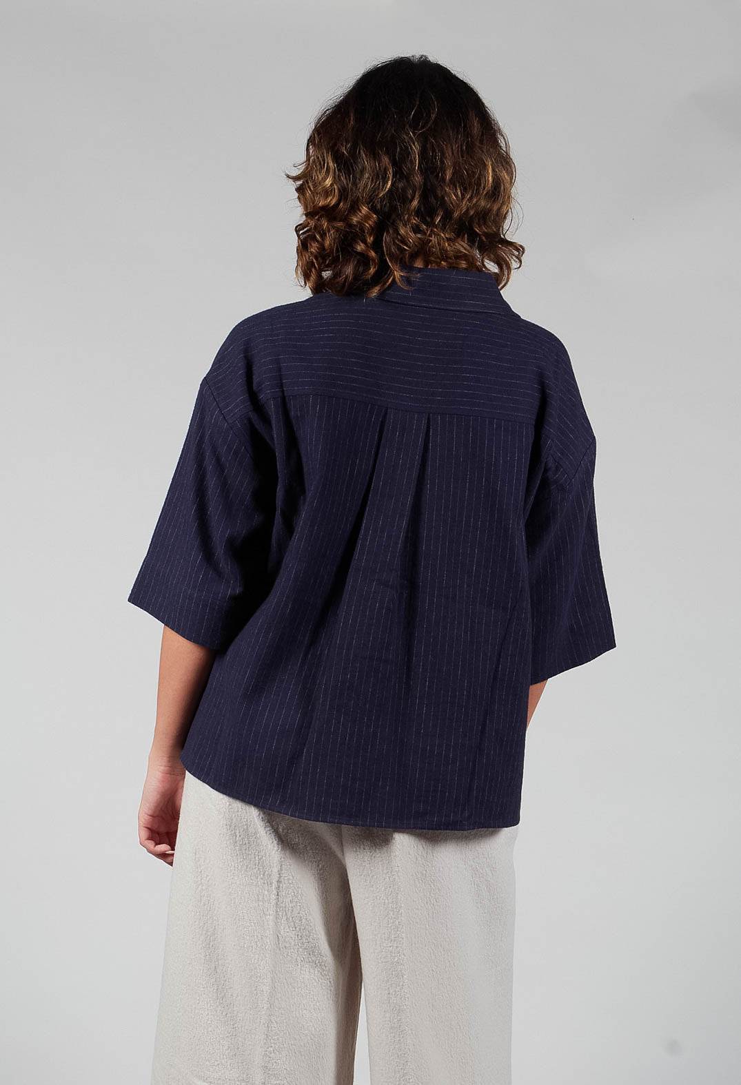 3/4 Sleeved Shirt with Statement Pocket in Navy Stripe