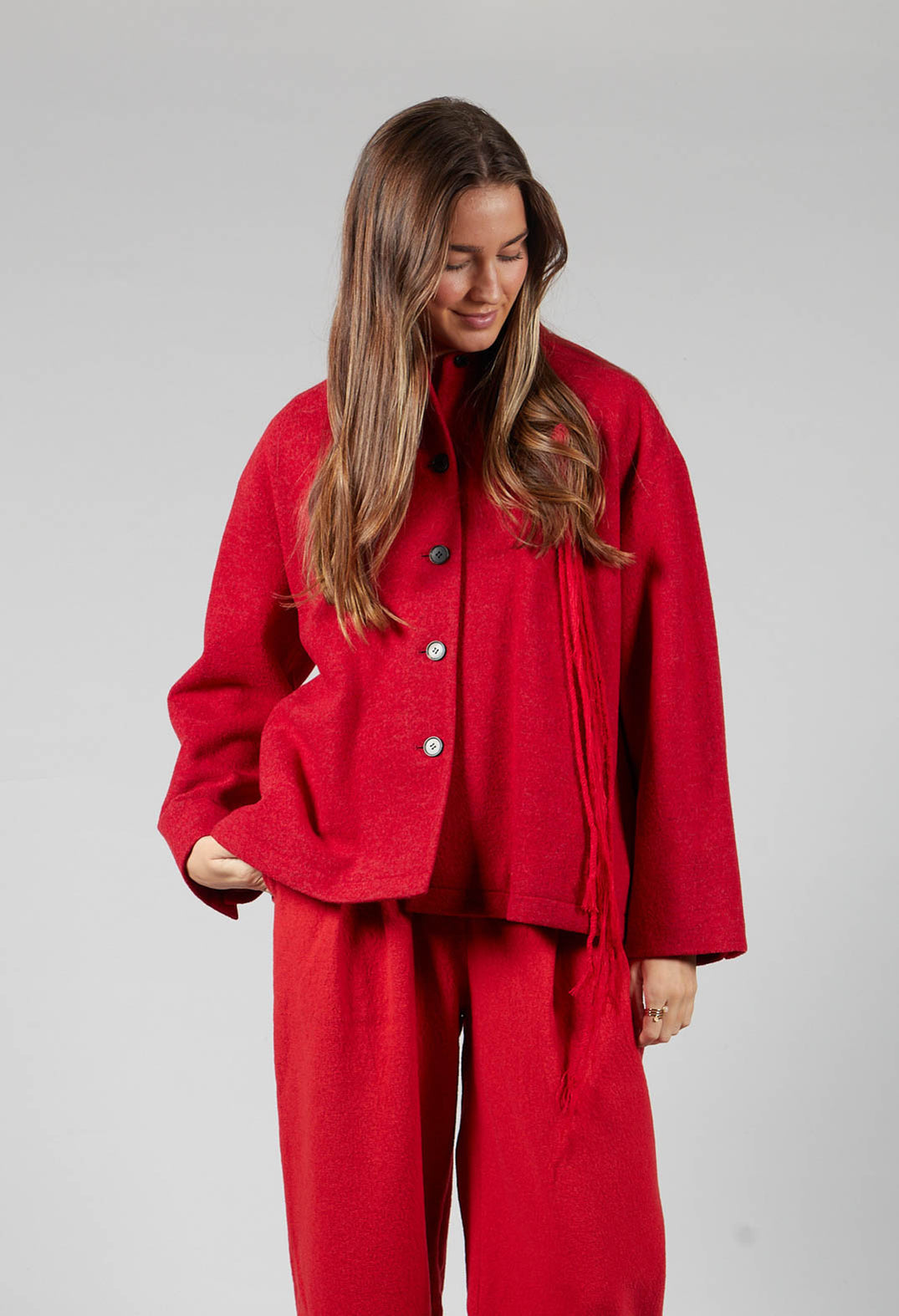 High Neck Jacket with Contrast Lining in Dark Red