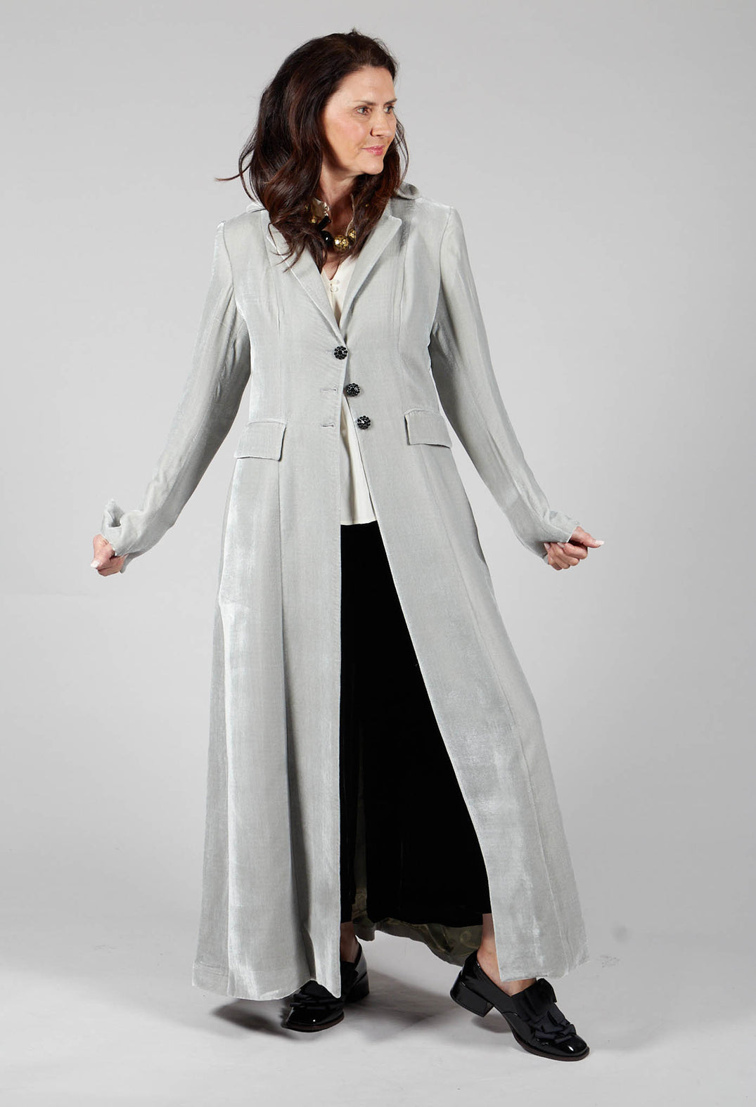 Long Velvet Coat in Pearl