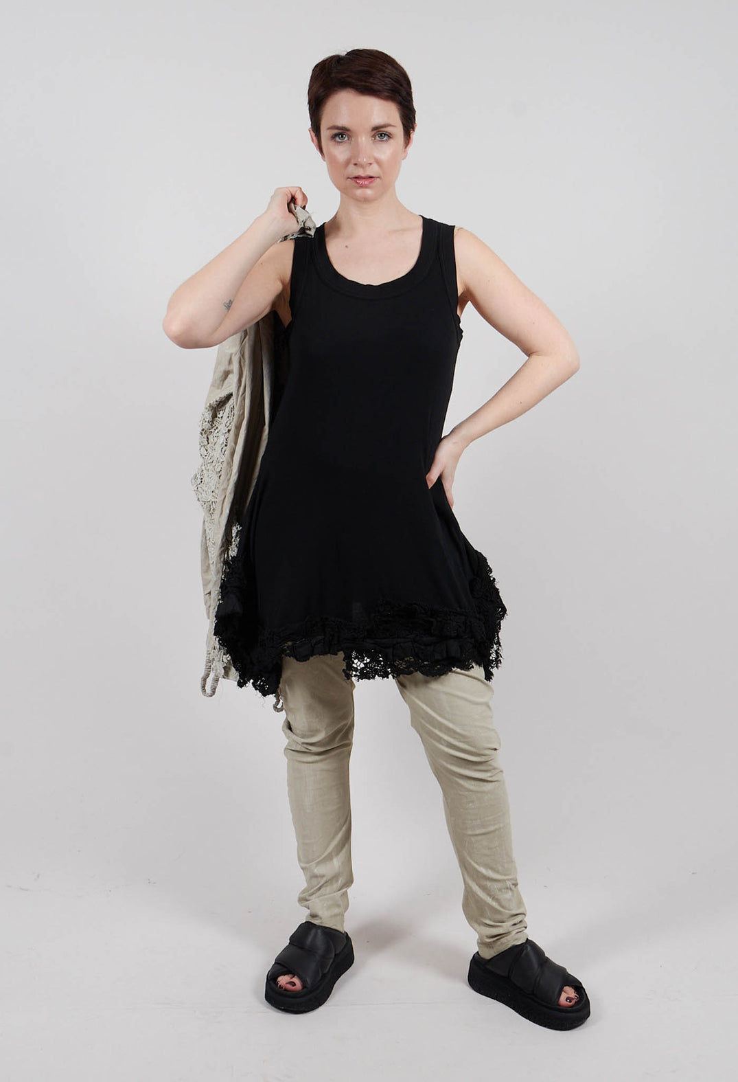 Sleeveless Top with Lace Hem in Black Gloss - 2180813
